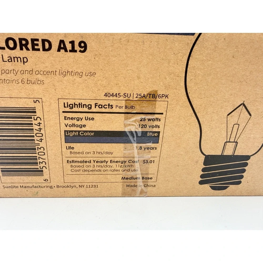 Sunlite 25W A19 Transparent Blue Party Lamp E26 Base 6 Pack 40445-SU NEW